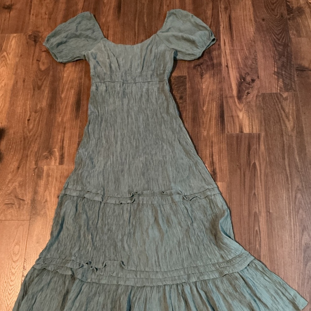 Max + Ash Boho Tiered Green Puff Sleeve Maxi Dress Prairie Sundress Sz L